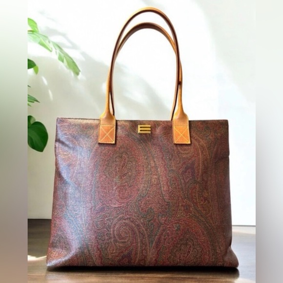 Etro Handbags - [Etro] Paisley Medium Leather Top Handle Tote Bag Handbag Purse, Brown/Red
